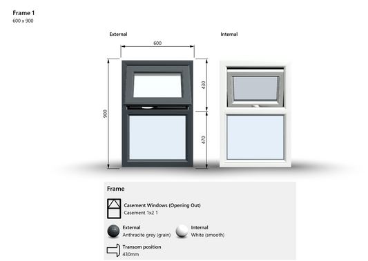 Top Opening Window - 600x900, Opening outwards, White/Anthracite, Double/Triple Glazing