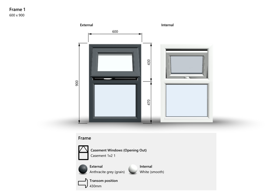 Top Opening Window - 600x900, Opening outwards, White/Anthracite, Double/Triple Glazing