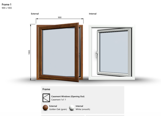 Side (Full) Opening Casement Window - 900x1065 Opening Outwards, White/Anthracite, Double/Triple Glazing