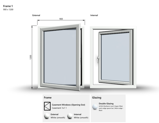 Side (Full) Opening Casement Window 900x1200, White/Anthracite, Double/Triple Glazing