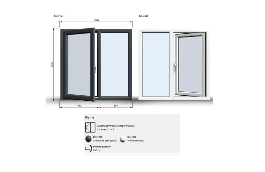 Casement Window - 1200x1200, Half Glass, Opening outwards, White/Anthracite, Double/Triple Glazing
