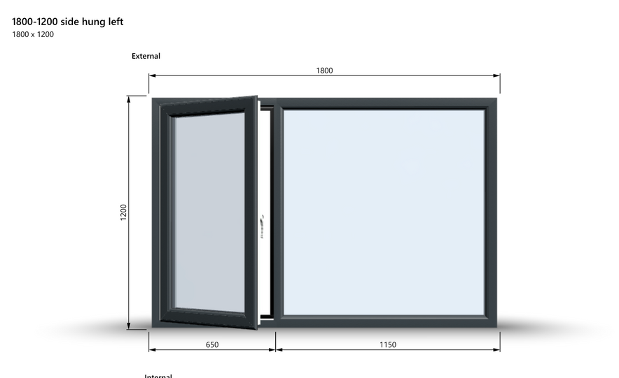 Casement Window - 1800x1200, Sash Right, Half Glass, Opening outwards, White/Anthracite, Double/Triple Glazing
