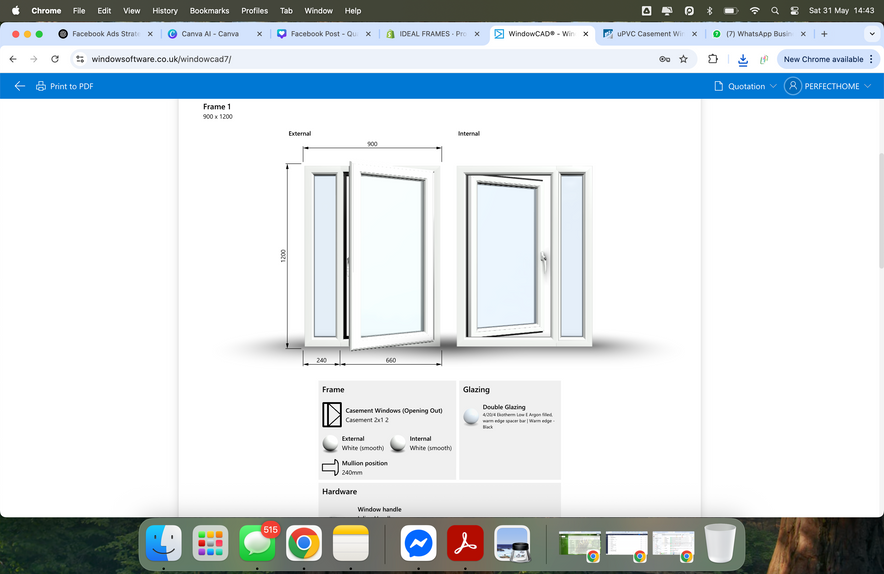 uPVC Casement Window - 900x1200, Half Glass, Opening Outwards, White/Anthracite, Double/Triple Glazing