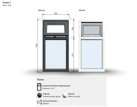 Top Opening Window - 600x1200, Opening outwards, White/Anthracite, Double/Triple Glazing