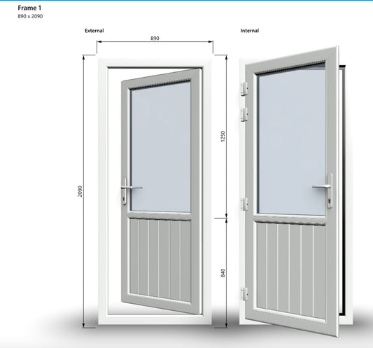 uPVC Door - 890x2090 - Half Glass, Inwards Opening, White/Anthracite, Double/Triple Glazing