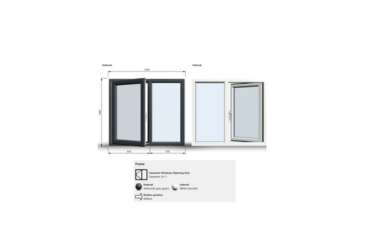 Casement Window - 1200x1065, Half Glass, Opening outwards, White/Anthracite, Double/Triple Glazing